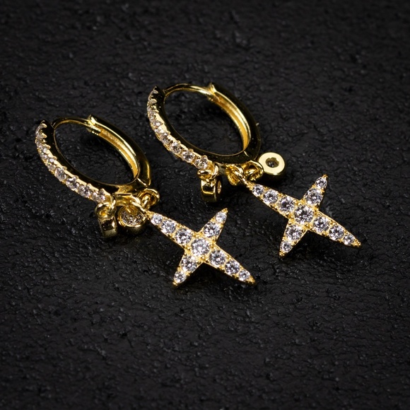 Gold Plated Iced 14K Mens Dangle Hoop Hanging Cross Drop Earrings - Picture 2 of 5